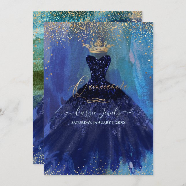 Convite Quinceanera Teal Marinho Azul Vidro (Frente/Verso)