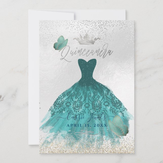 Convite Quinceanera Teal Ombre Borboletas Princesa Gown (Frente)
