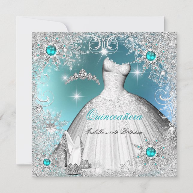 Convite Quinceanera Teal Pearl Silver Winter Flocos De Nev (Frente)