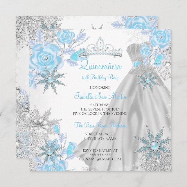 Convite Quinceanera Teal Rosa Winter Wonderland Snowflake (Frente/Verso)