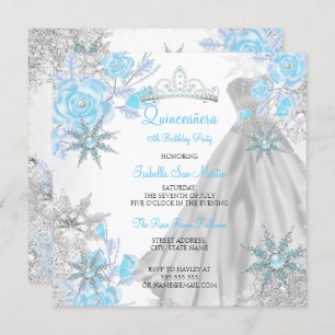 Convite Quinceanera Teal Rosa Winter Wonderland Snowflake