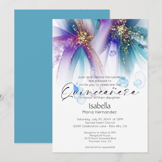 Convite Quinceanera | Teal Roxo Abstrato Marcante (Frente/Verso)