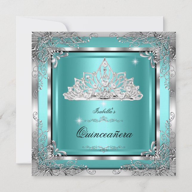 Convite Quinceanera Teal Silver Diamond Tiara 15 (Frente)