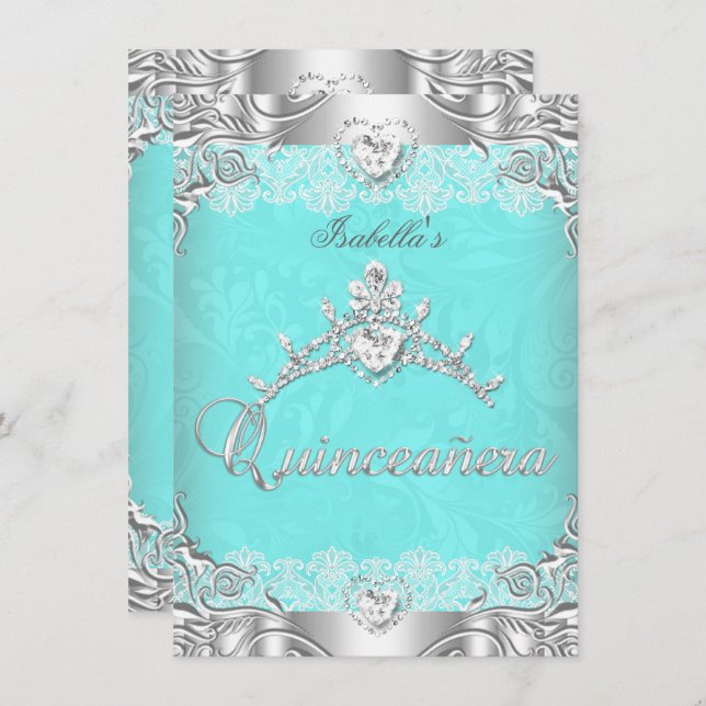 Convite Quinceanera Teal Silver Diamond Tiara 15 (Frente/Verso)