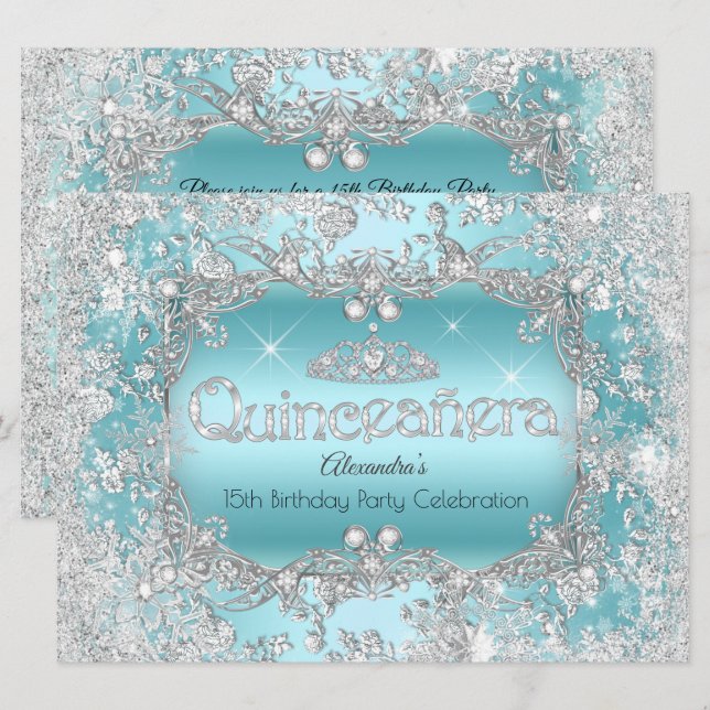 Convite Quinceanera Teal Silver Tiara Winter Wonderland (Frente/Verso)