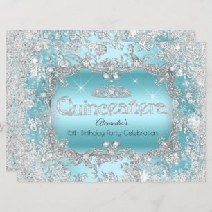 Convite Quinceanera Teal Silver Tiara Winter Wonderland