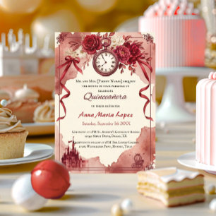 Convite Quinceanera tema Cinderela aquarela vermelha