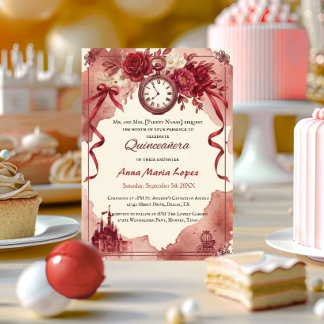 Convite Quinceanera tema Cinderela aquarela vermelha