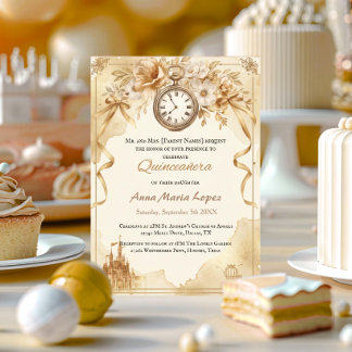 Convite Quinceanera tema Cinderela dourado aquarela