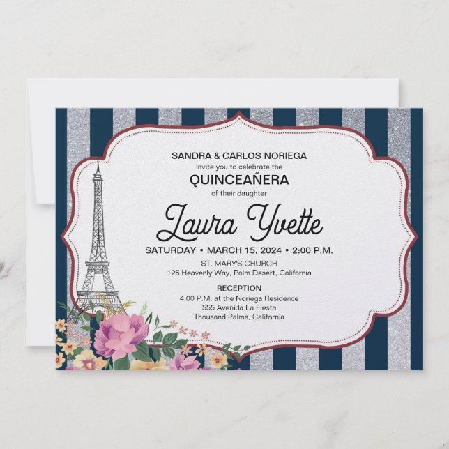 Convite Quinceañera, Tema de Paris, Torre Eiffel (Frente)