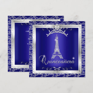 Convite Quinceanera Tiara Azul Real Prata Torre Eiffel 2