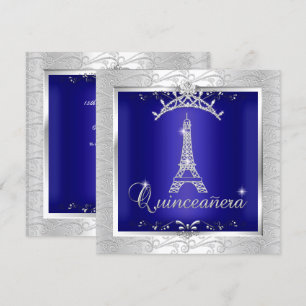 Convite Quinceanera Tiara Azul Royal Prata Torre Eiffel