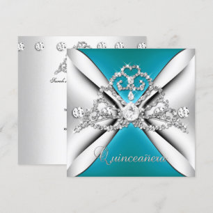 Convite Quinceanera Tiara Azul Teal Prata Branco 15