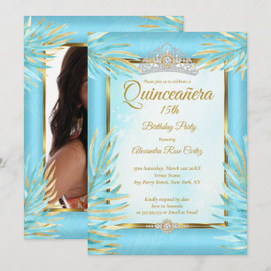 Convite Quinceanera Tiara Azul Turquesa Dourado Festa de A