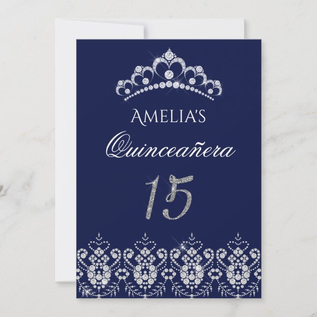 Convite Quinceanera Tiara Brilhante Prata Azul Mar (Frente)