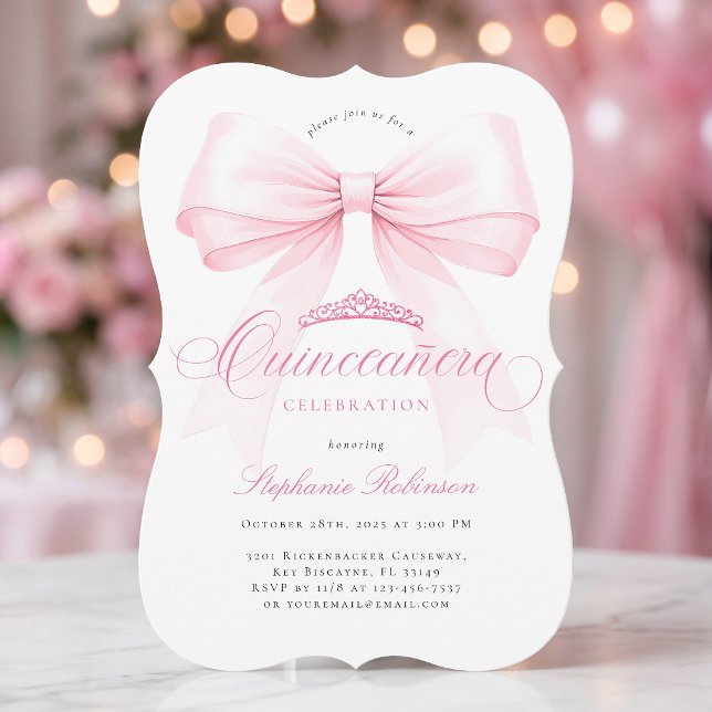 Convite Quinceañera Tiara com Laço Rosa (Criador carregado)