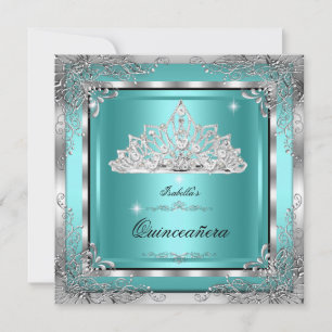 Convite Quinceanera Tiara de Diamantes Prata Azul Turquesa