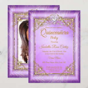 Convite Quinceanera Tiara de foto pérola roxa festa dourad