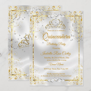 Convite Quinceanera Tiara de Ouro Branco Diamante Corações