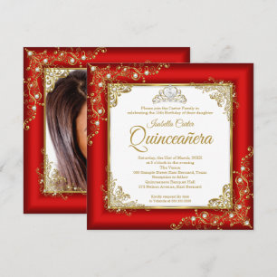 Convite Quinceanera Tiara de Pérola Vermelha Dourada Branc
