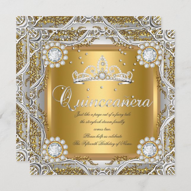 Convite Quinceanera Tiara Dourado Silver Diamond Aniversár (Frente/Verso)
