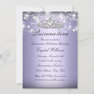 Convite Quinceanera Tiara & Estrelas Purple Sparkl
