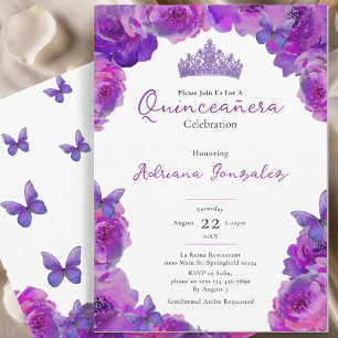 Convite Quinceanera Tiara Floral Roxa Elegante XV 15