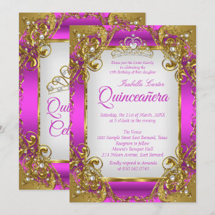 Convite Quinceanera Tiara Magenta Pérola Dourada Festa