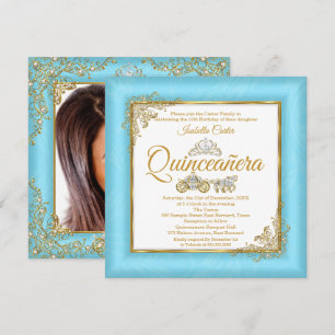 Convite Quinceanera Tiara Pérola Azul Cinderela 15 Anos Fo