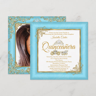 Convite Quinceanera Tiara Pérola Azul Cinderela 15 Anos Fo