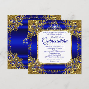 Convite Quinceanera Tiara Pérola Dourada Azul Real 15 Anos