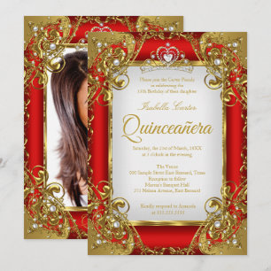 Convite Quinceanera Tiara Pérola Dourada Vermelha Festa Fo