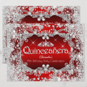 Convite Quinceanera Tiara Prata Vermelha Inverno Encantado