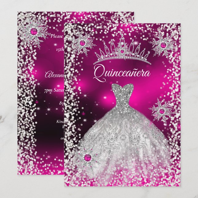 Convite Quinceanera Tiara Vestir Floco de Neve Rosa de inv (Frente/Verso)