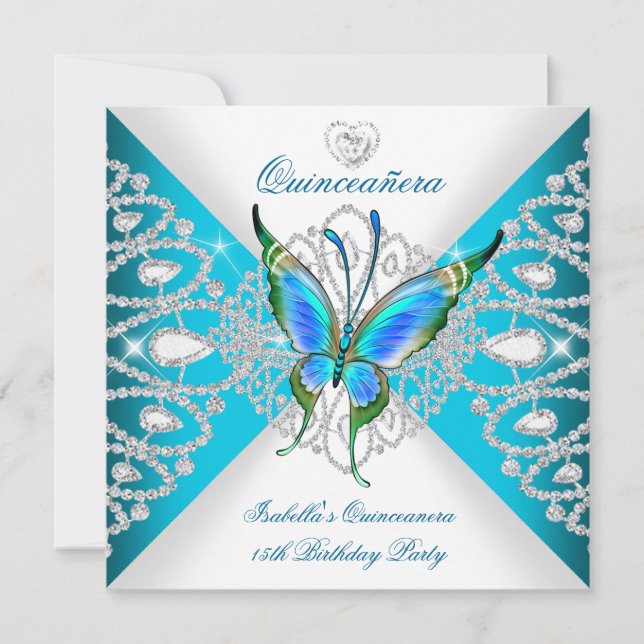 Convite Quinceanera Tiaras de Borboleta Azul Teal Profundo (Frente)