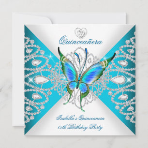 Convite Quinceanera Tiaras de Borboleta Azul Teal Profundo