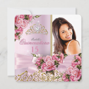 Convite Quinceanera Tiaras de Rosas Rosa Bonito Foto Anive