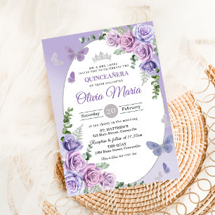 Convite Quinceañera Tiaro Floral de Lilás Roxo Borboletas
