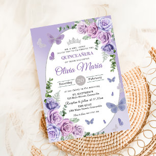 Convite Quinceañera Tiaro Floral de Lilás Roxo Borboletas
