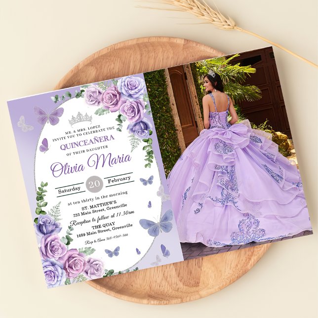 Convite Quinceañera Tiaro Floral Lilás Roxo Borboletas  (Criador carregado)