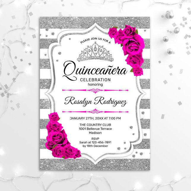 Convite Quinceanera - Tiras Prateadas Brancas Rosa Quente (Criador carregado)