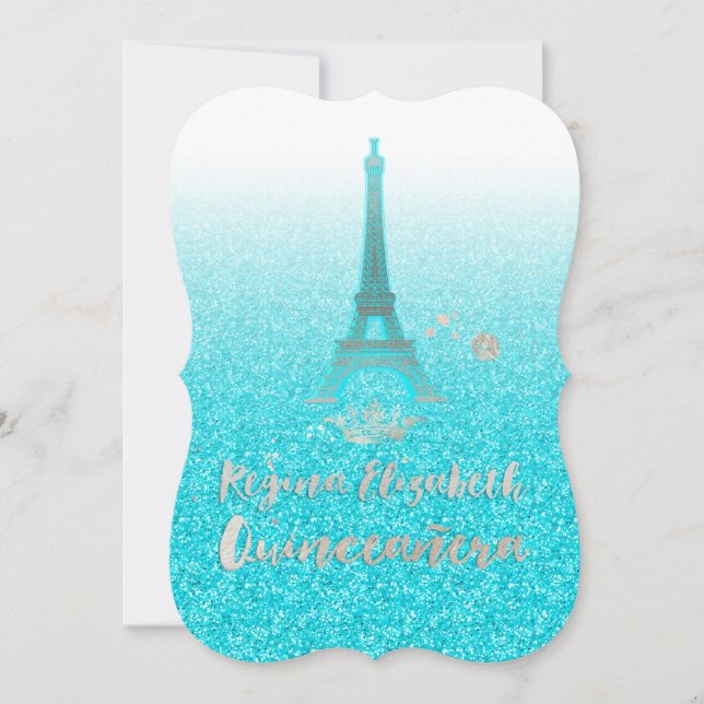 Convite Quinceanera/Torre Eiffel/Azul/Princesa/Corona (Frente)