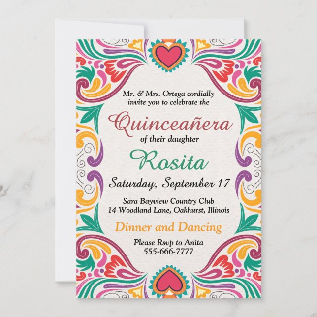 Convite Quinceanera Tradicional de Festa Espanhola de Fron (Frente)