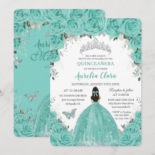 Convite Quinceañera Turquesa Azul Floral Prata Princesa