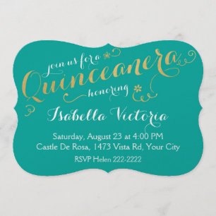 Convite Quinceanera Turquesa e Script Dourado
