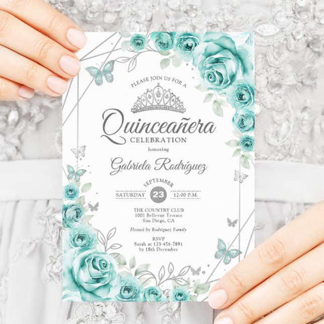 Convite Quinceanera Turquesa Floral Silver (Criador carregado)