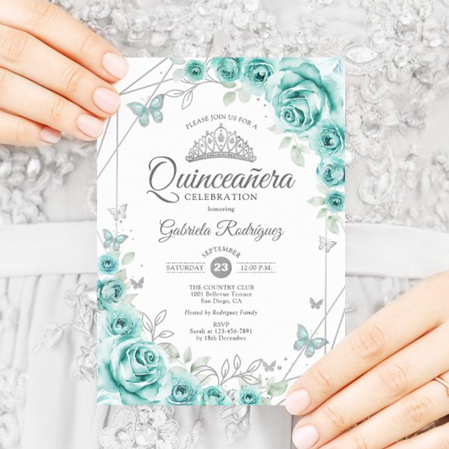 Convite Quinceanera Turquesa Floral Silver (Criador carregado)