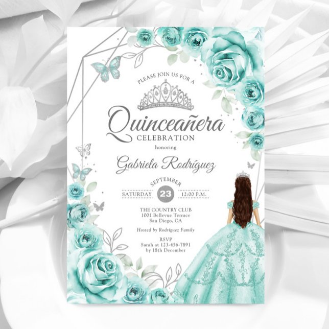 Convite Quinceanera Turquesa Vestido Prateado Floral (Criador carregado)