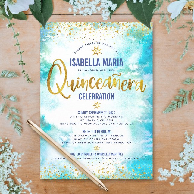 Convite Quinceañera Turquoise Aquarela Folha de Ouro Elega (Criador carregado)