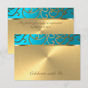 Convite Quinceanera Turquoise Blue e Dourada Filigree Swir